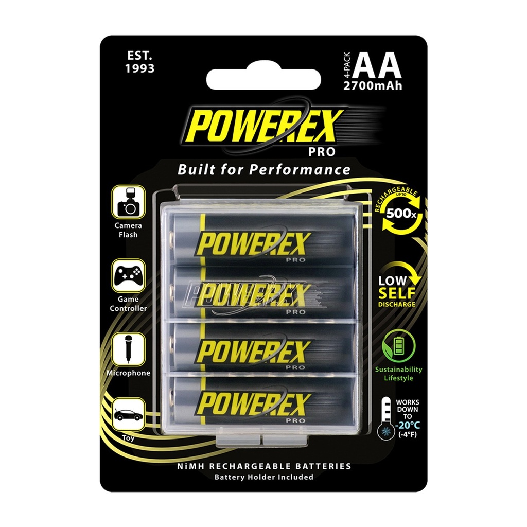 Powerex Pro Rechargeable AA NiMH Batteries (1.2V, 2700mAh) - 4 pack