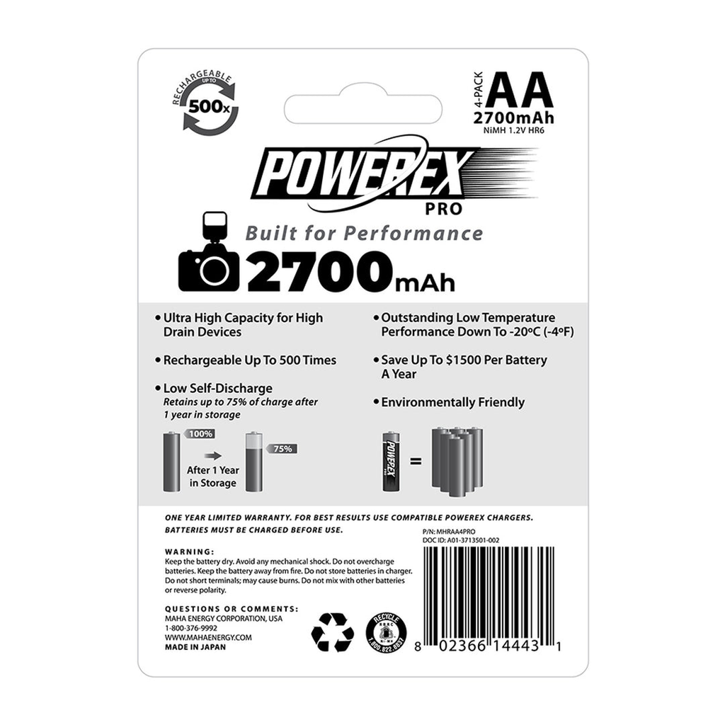 Powerex PRO Precharged AA Rechargeable Batteries  2700mAh (4-pack)